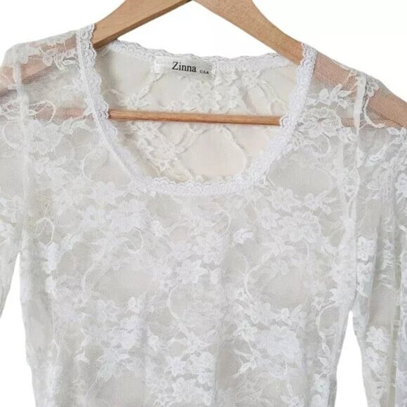 Round Neck Long Sleeve Lace Sheer Top - Picture 4 of 7
